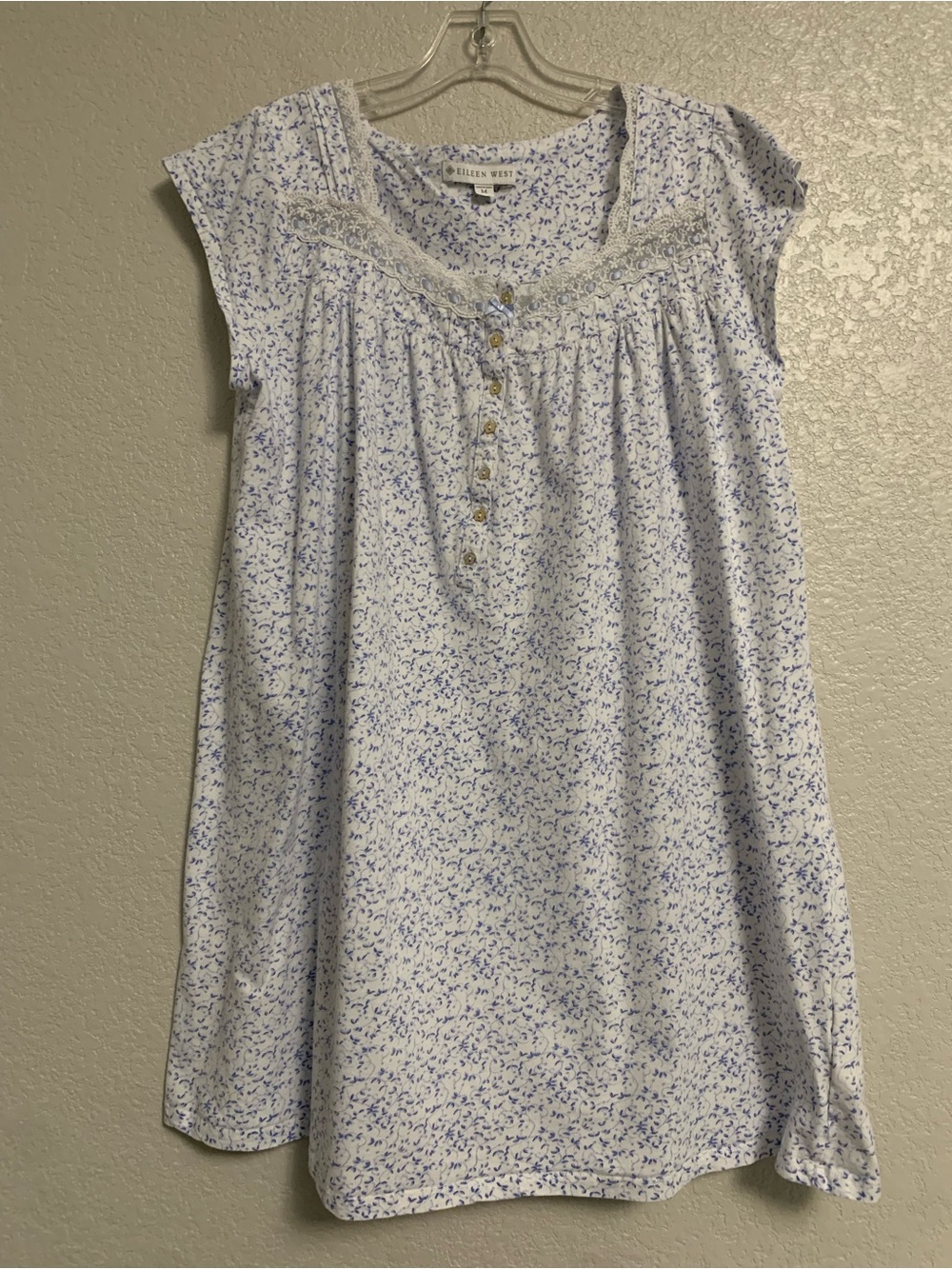 Eileen West Nightgown Sz M Floral Cotton Knit Cap Sleeve Button Front Cottage